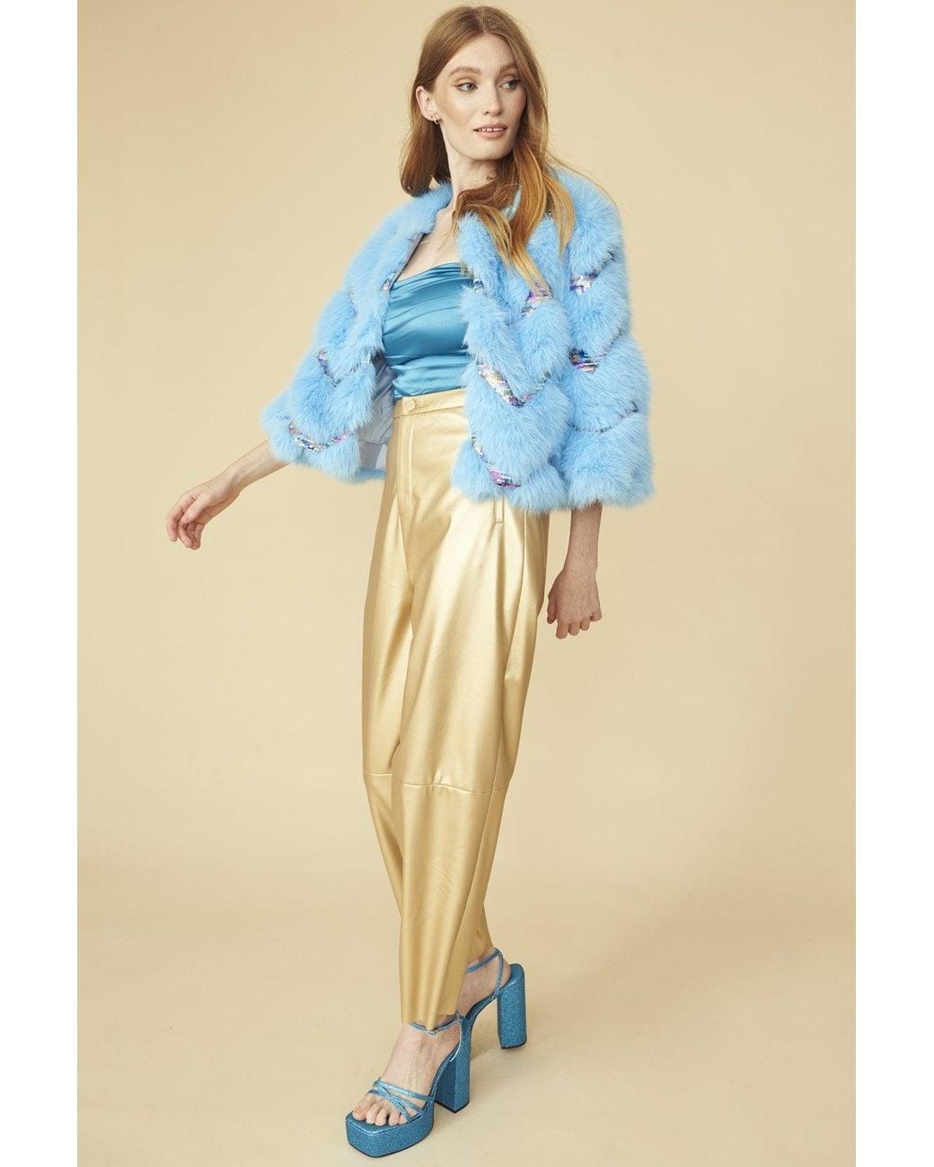 Jayley Blue Bamboo Sequin Eco Faux Fur Coat