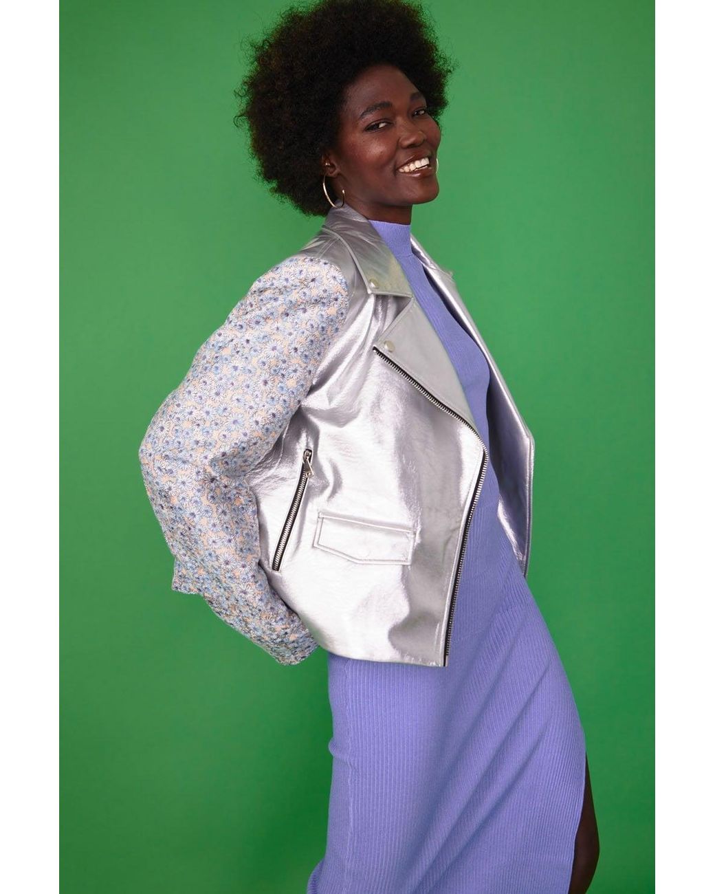 Jayley Green Biker Jacket With Floral Embroidered Sleeves And Back Si