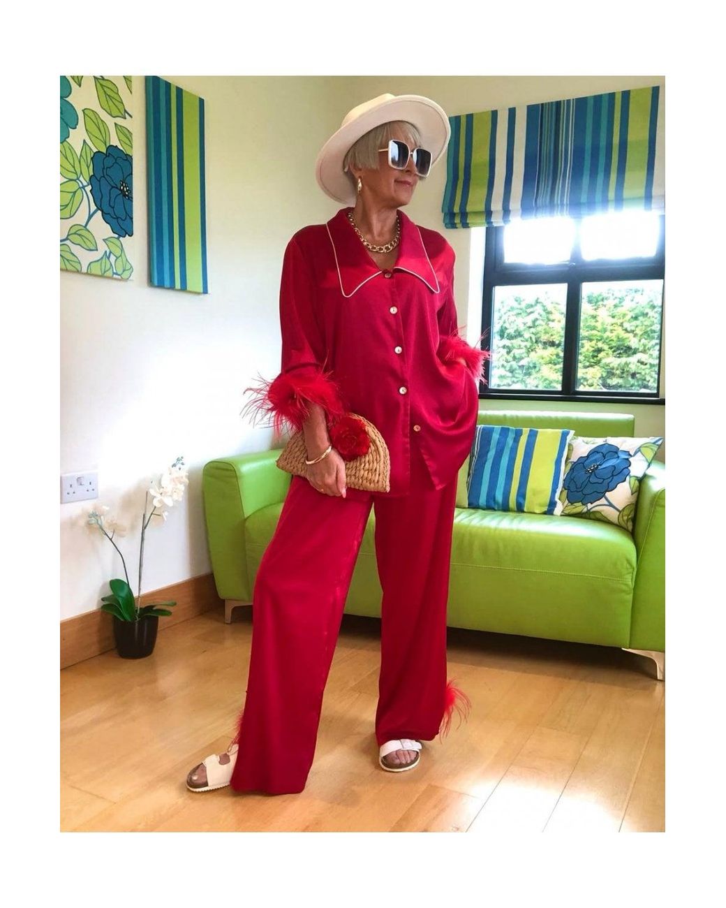Jayley Red Silk Pyjamas With Feather Trim