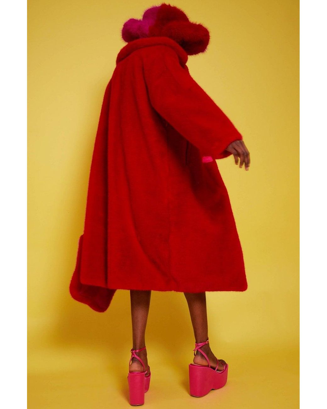Jayley Orange Bamboo Faux Fur Midi Coat With Collar