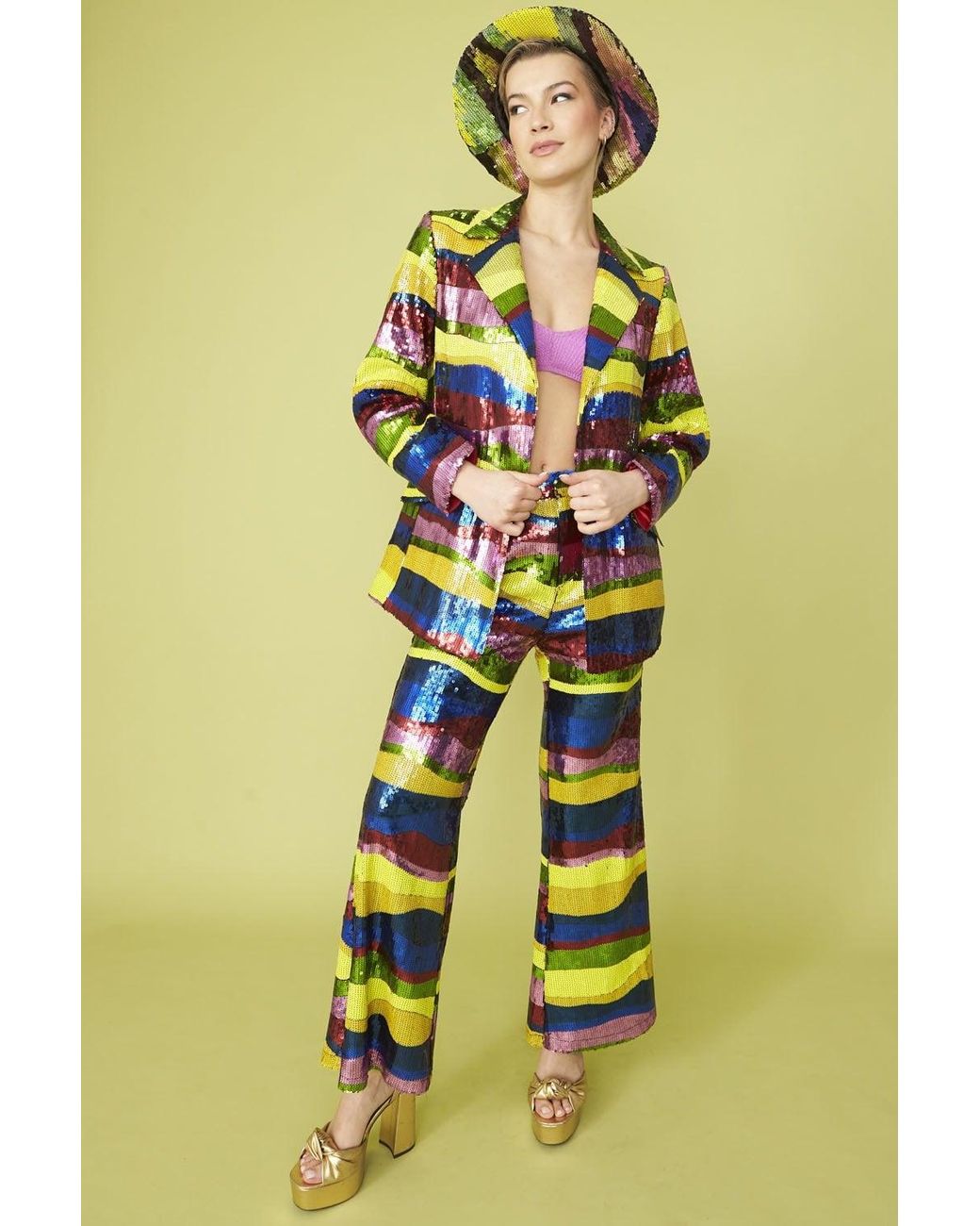 Jayley Yellow Multi-Coloured Geometric Sequin Flares