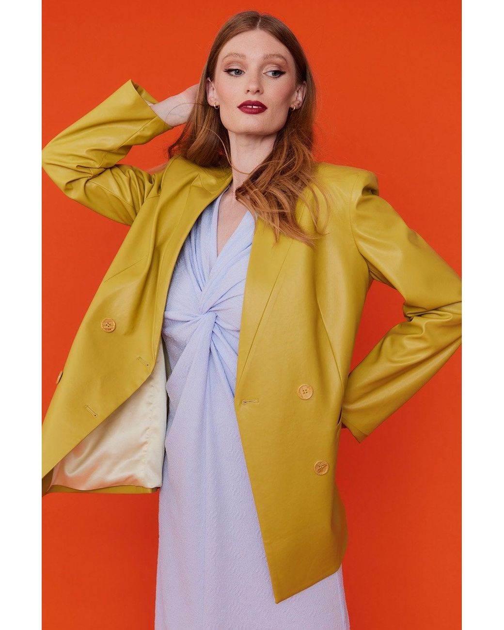 Jayley Orange Faux Leather Double Breasted Blazer