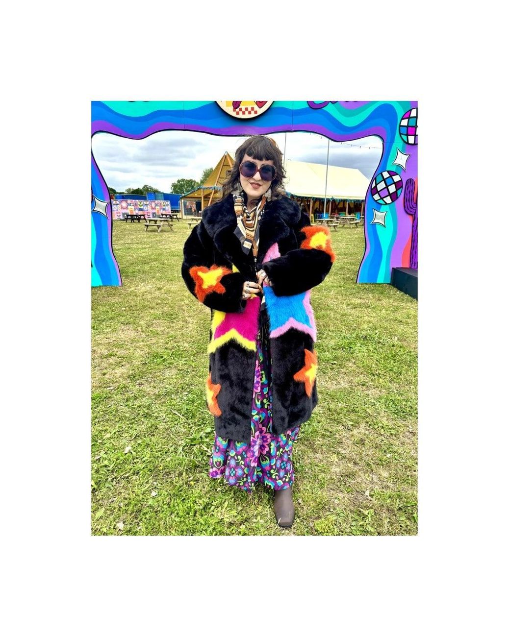 Jayley Blue Hand Made Bamboo Lyocell Multi Faux Fur Star Coat Size: L