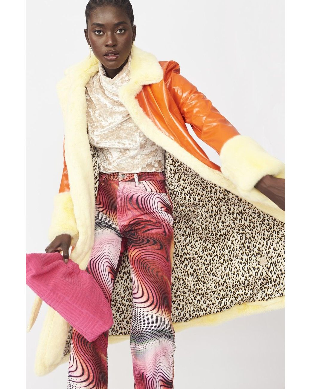 Jayley Orange Faux Fur And Faux Suede Trench Coat