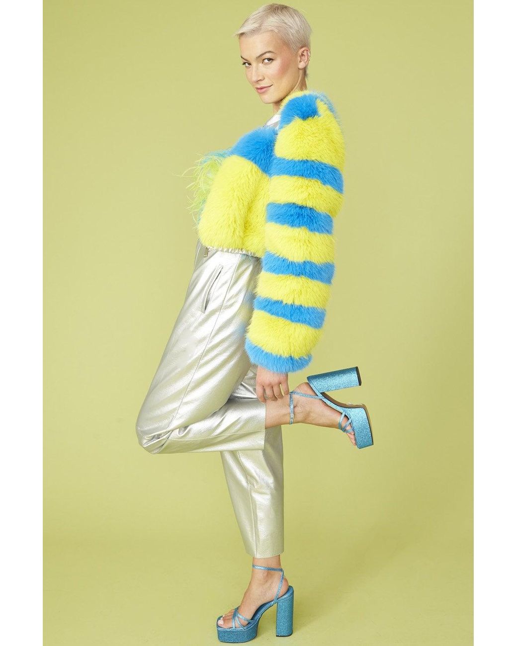 Jayley Yellow Striped Faux Fur Cropped Bomber Jacket