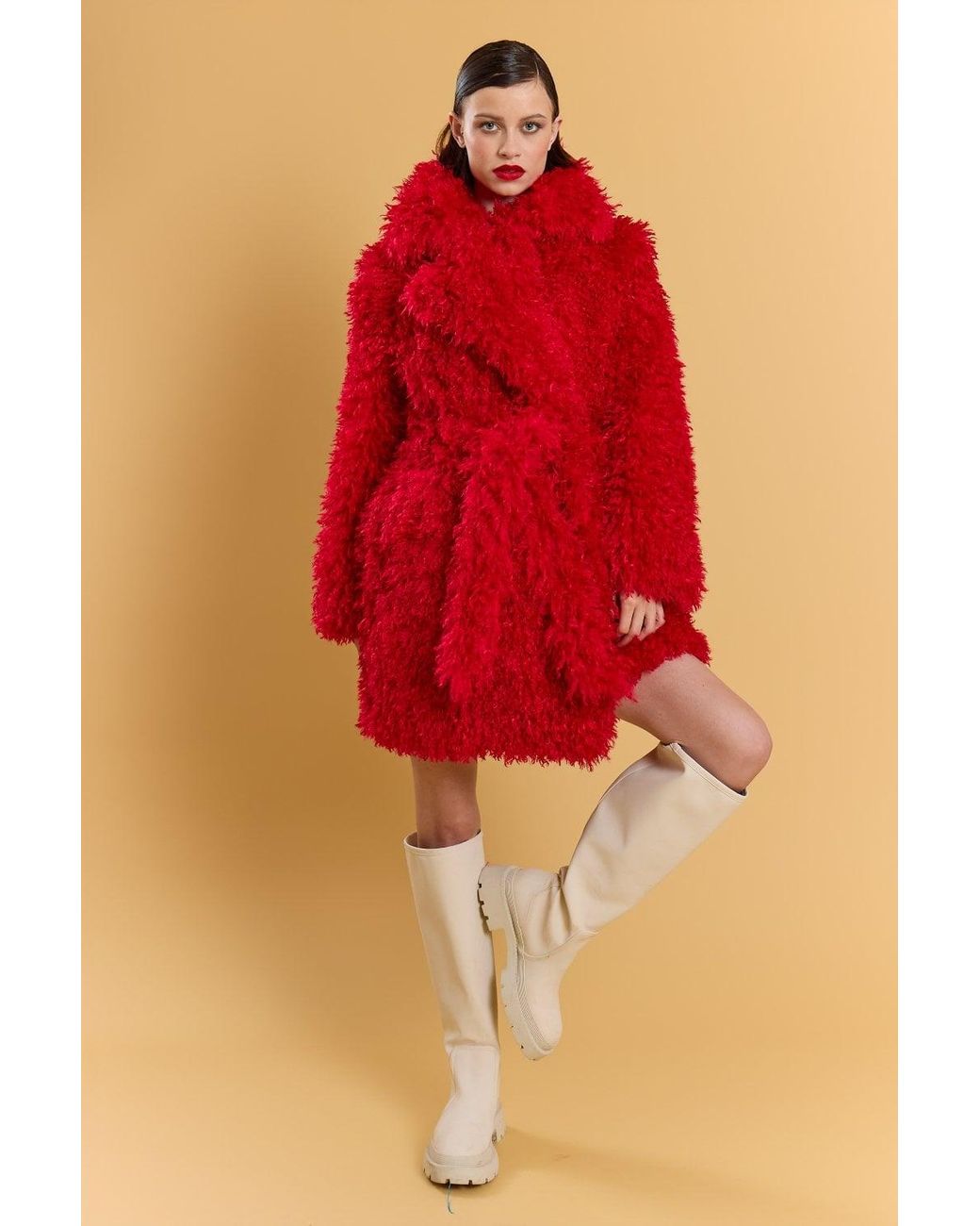 Jayley Red Bamboo Blend Faux Fur Shearling Coat