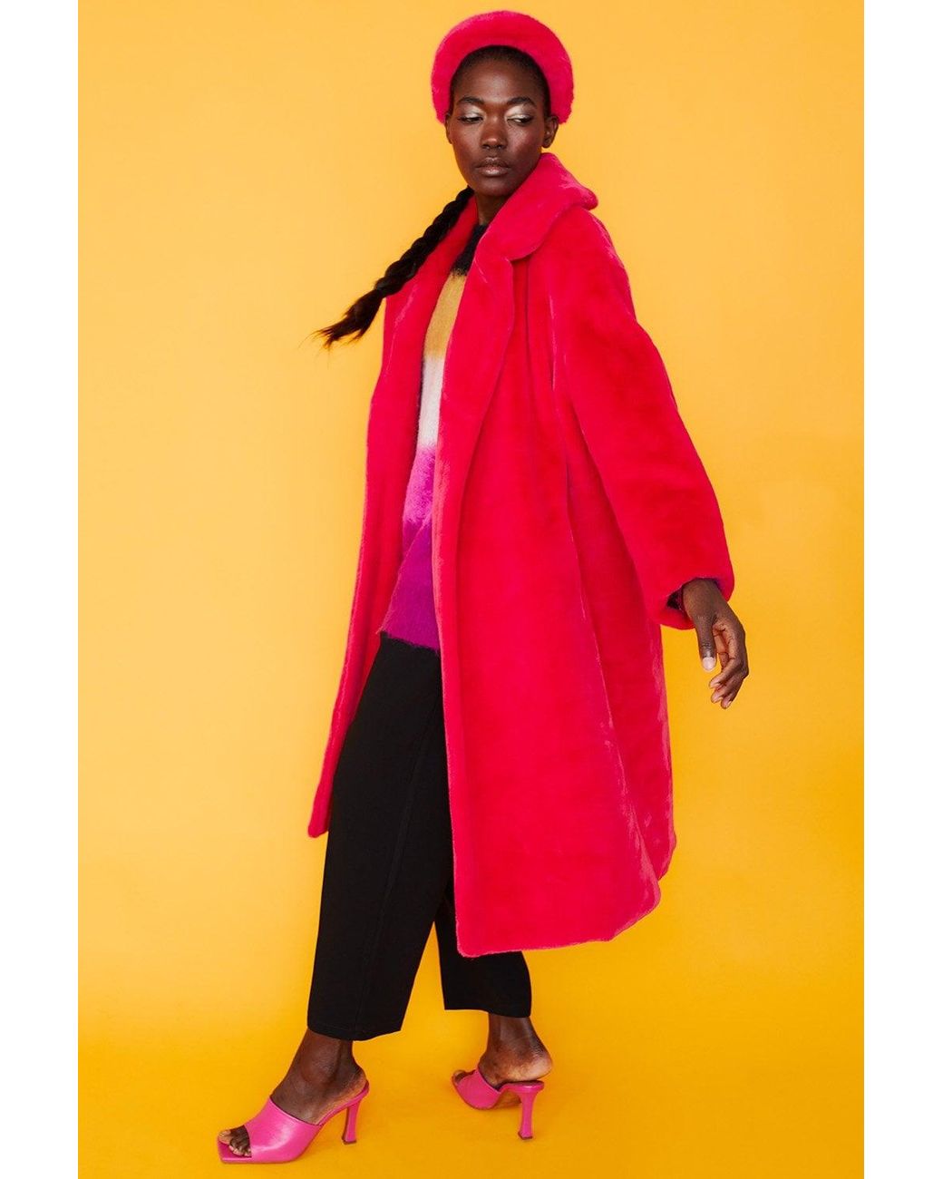 Jayley Pink Faux Fur Midi Shaved Shearling Coat