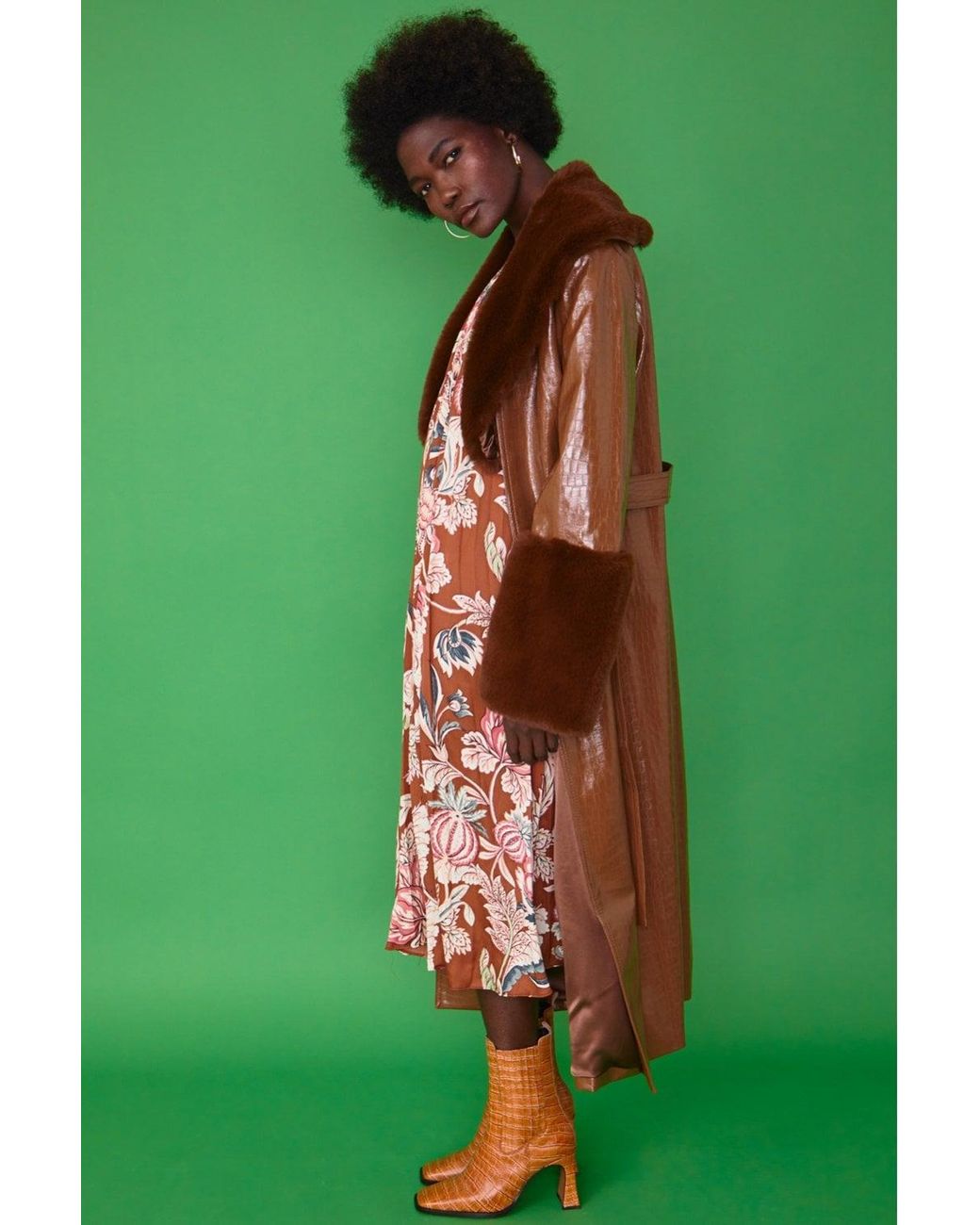 Jayley Green Chocolate Faux Leather Jacket With Detachable Faux Fur Cuffs &A