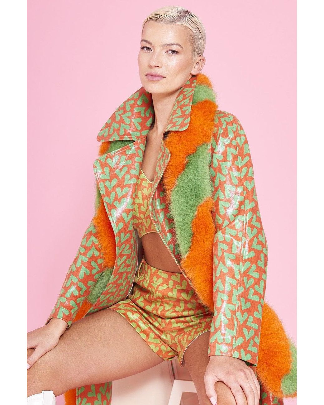 Jayley Pink Faux Suede Heart Print Trench Coat