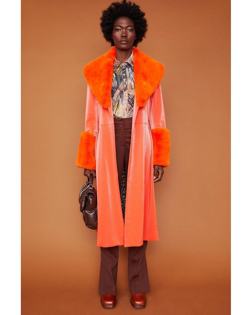 Jayley Orange Trench Style Belted Coat With Faux Fur Cuffs And Collar