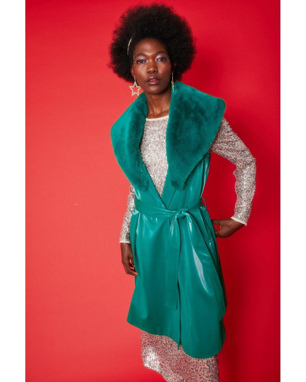 Jayley Red Banana Peel Midi Gilet Faux Fur Collar