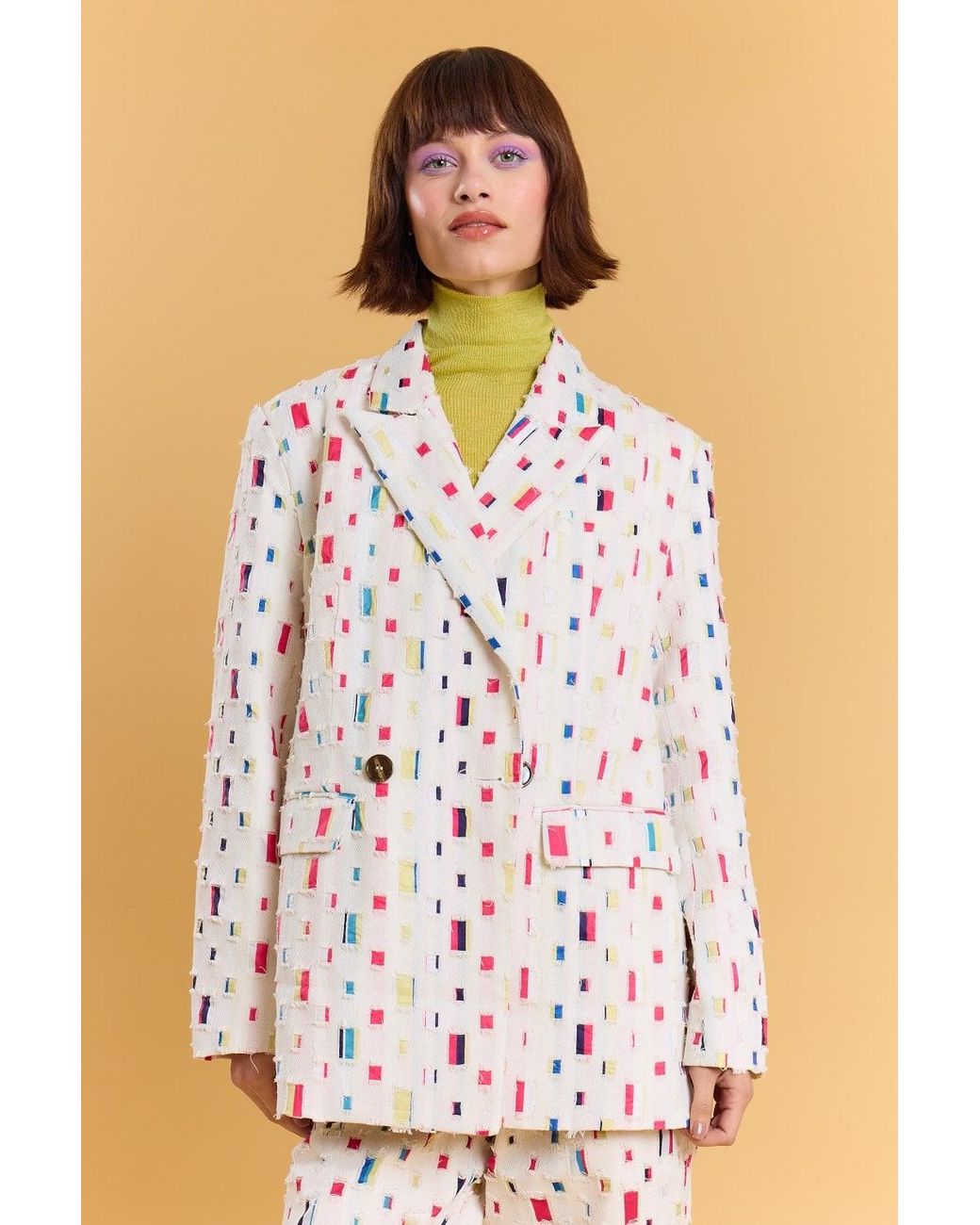 Jayley Natural Eco Cotton Denim Geometric Trench Blazer