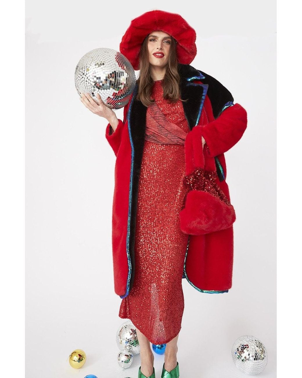 Jayley Red And Oversized Faux Fur Coat With Sequin Detail Size