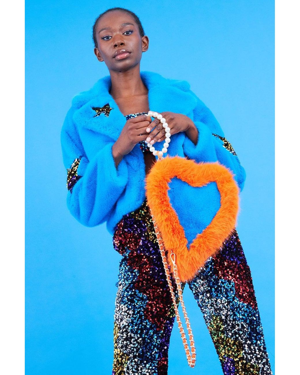 Jayley Blue Bamboo Faux Fur Sequins Star Jacket