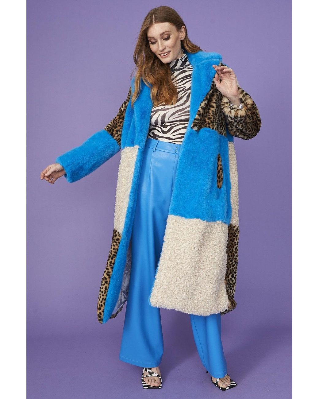 Jayley Blue Maxi Checkered Leopard Print And Shearling Faux Fur Coat Size