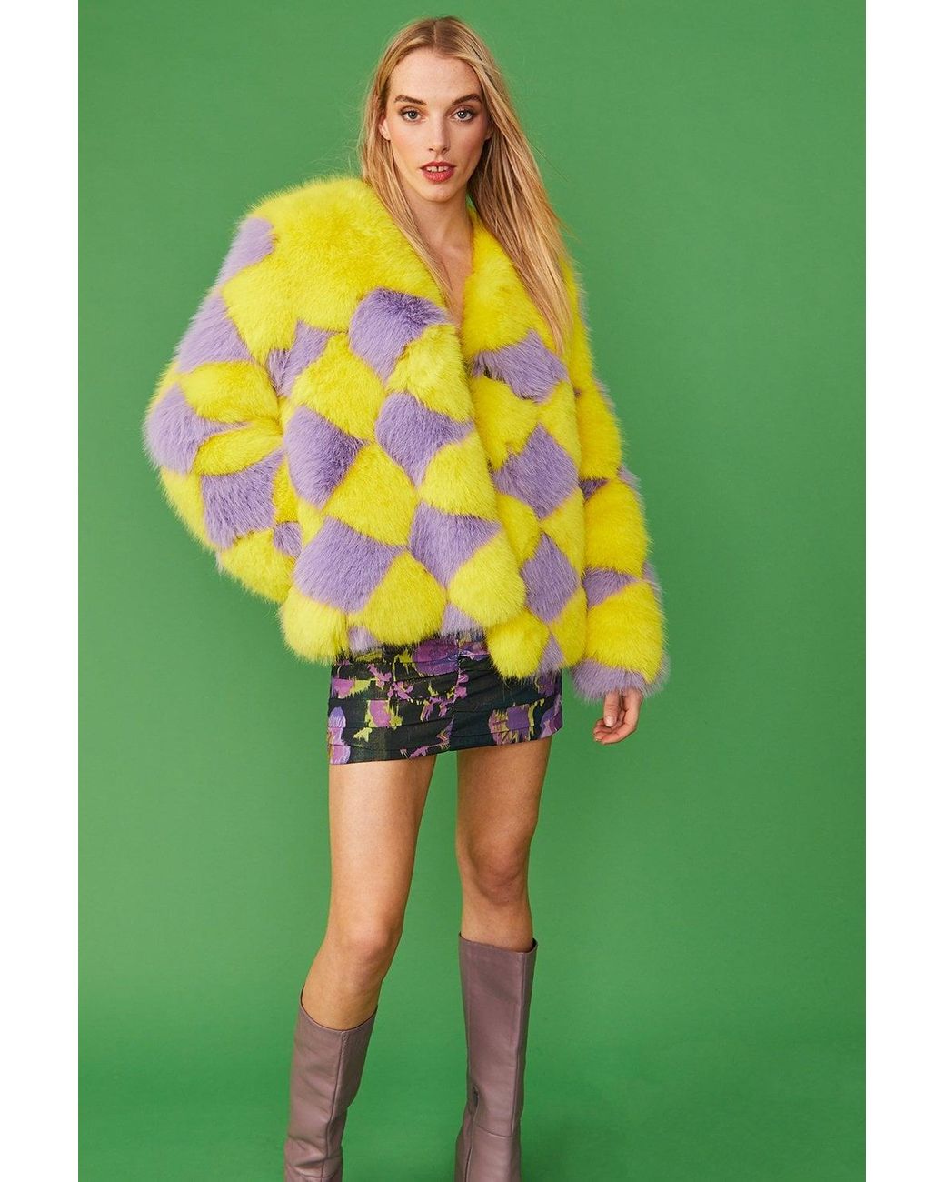 Jayley Yellow Delilah Diamond Faux Fur Jacket