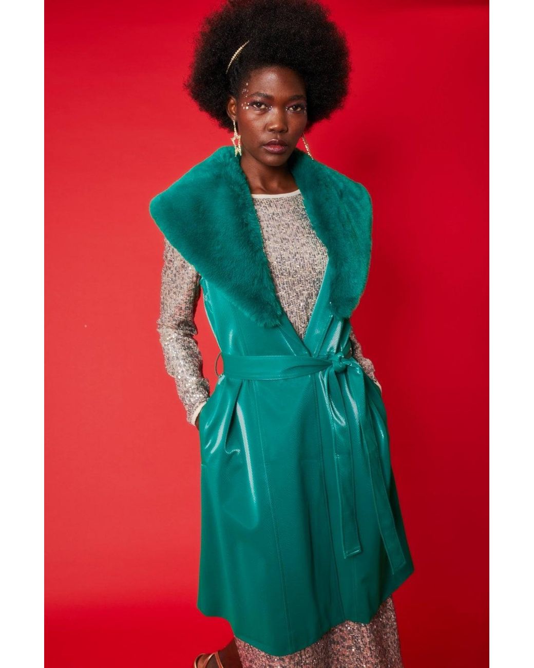 Jayley Red Banana Peel Midi Gilet Faux Fur Collar