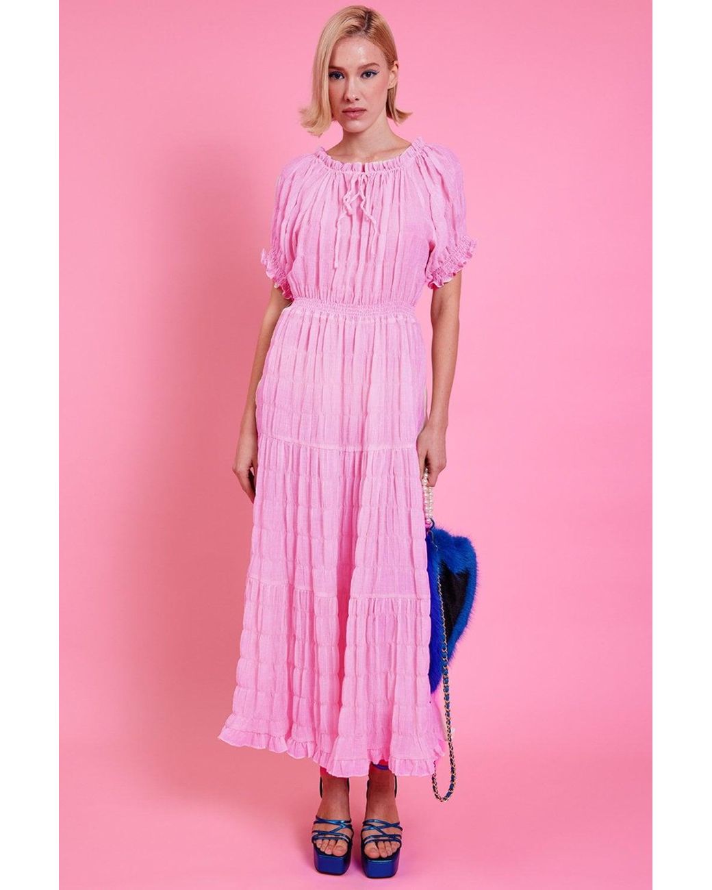 Jayley Pink Silk Blend Maxi Ruffle Dress