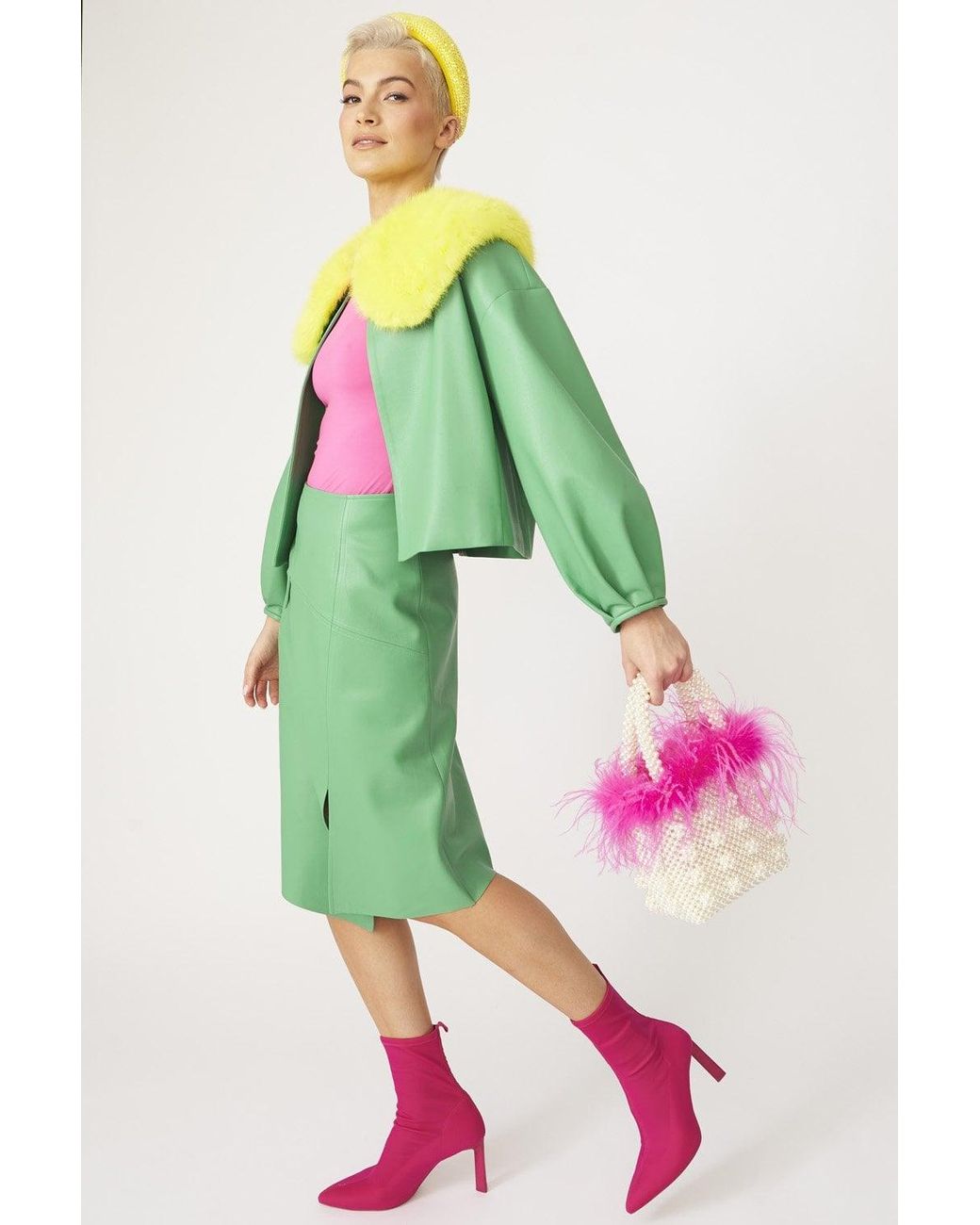 Jayley Green Faux Leather Jacket With Fur Collar