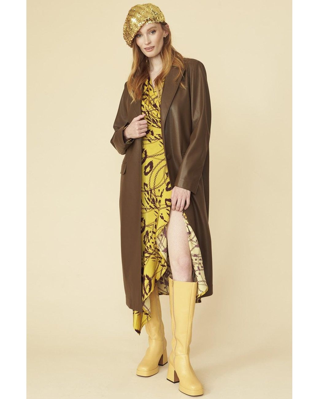 Jayley Yellow Chocolate Eco Leather Trench Coat