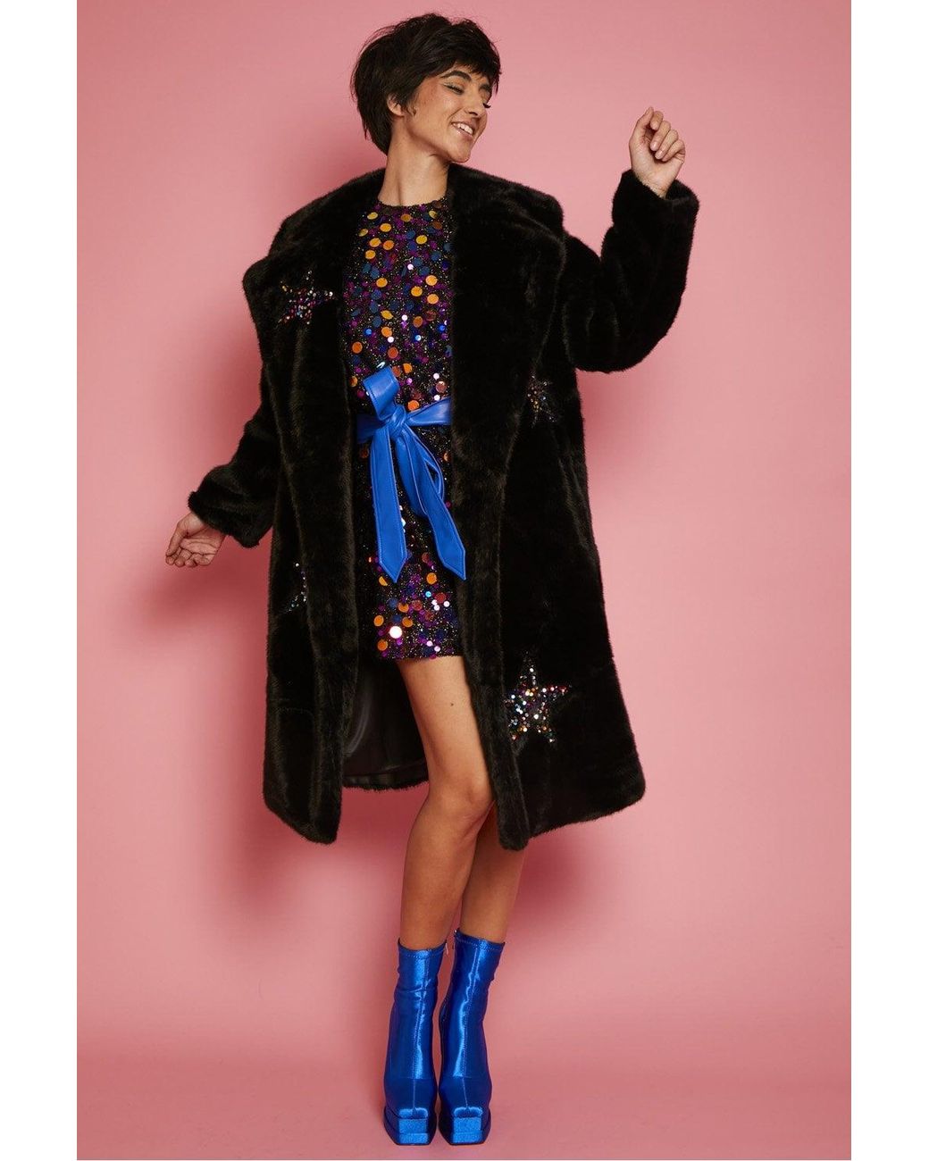 Jayley Black Eco Bamboo Faux Fur And Sequin Star Coat