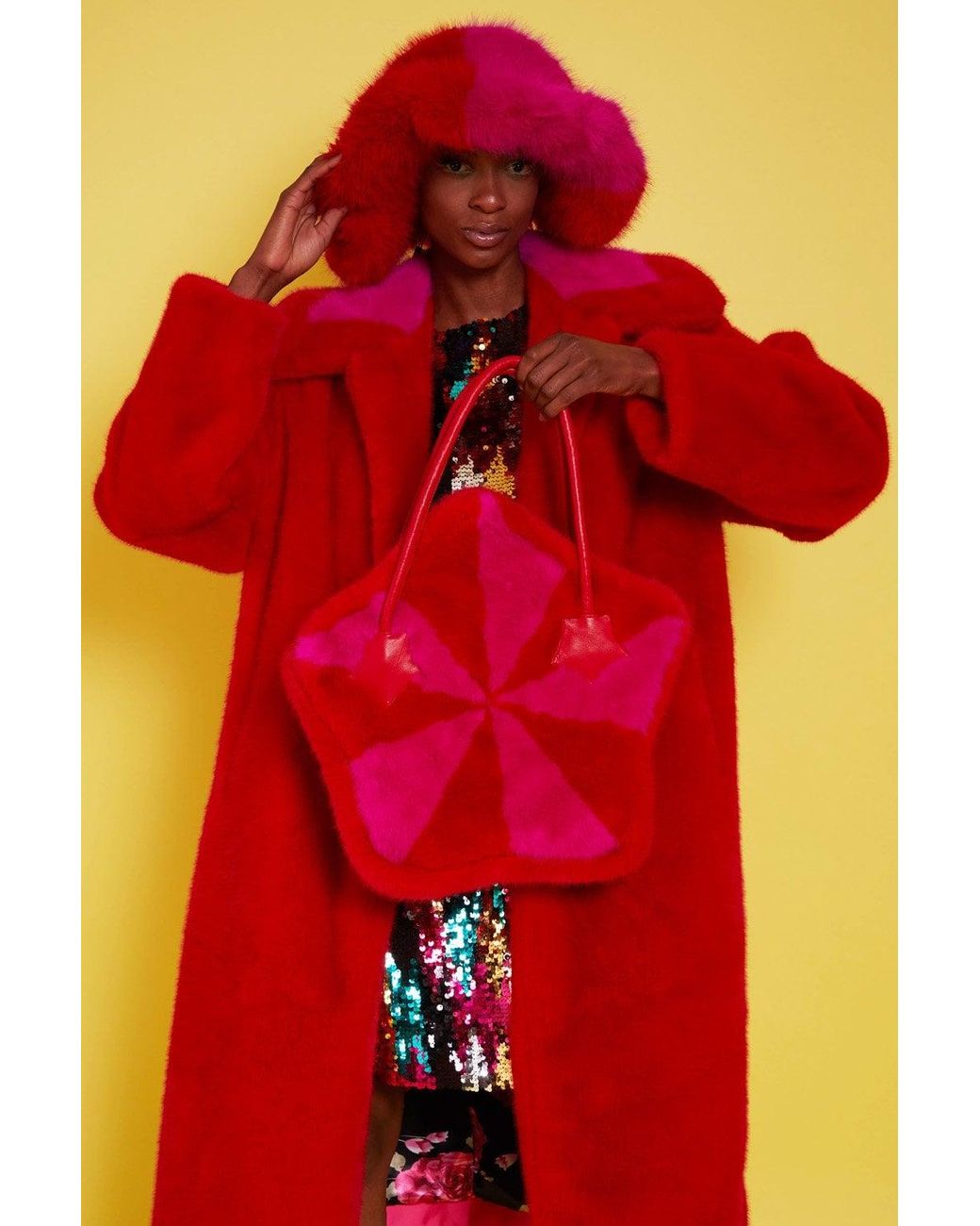 Jayley Orange Bamboo Faux Fur Midi Coat With Collar