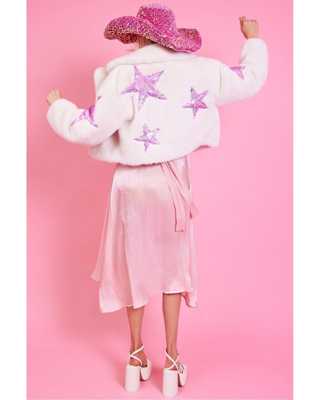 Jayley Pink Bamboo Faux Fur Sequins Star Jacket