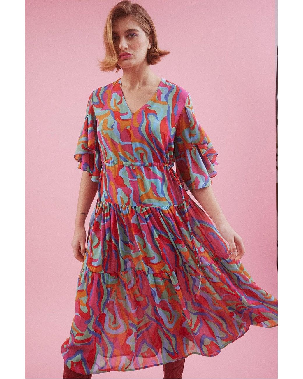 Jayley Pink Abstract Midi Dress With Flutter Sleeves