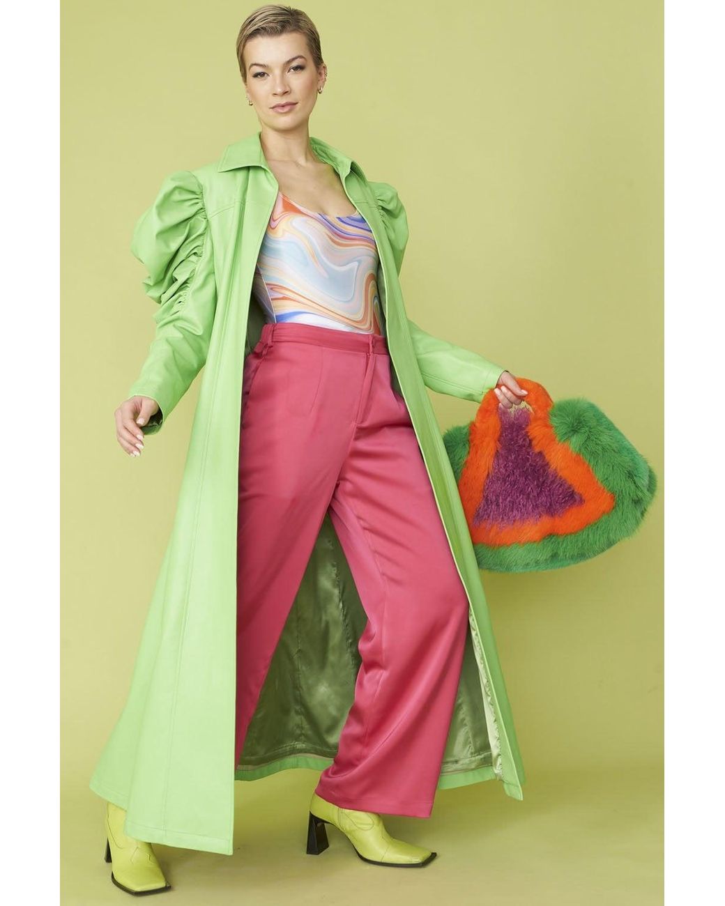 Jayley Green Lime Eco Leather Grande Trench Coat