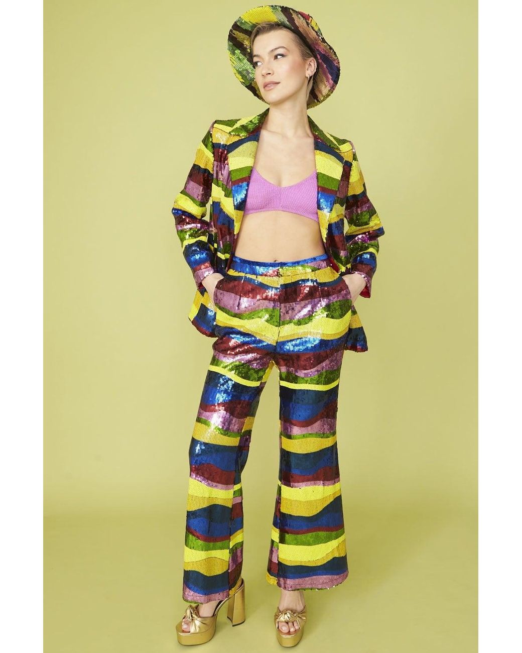 Jayley Yellow Multi-Coloured Geometric Sequin Flares