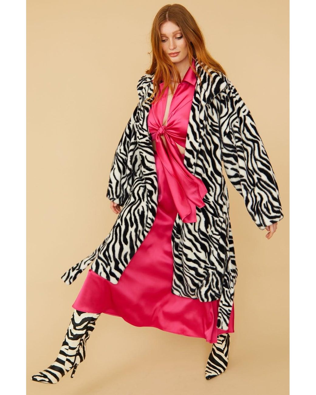 Jayley Red Zebra Print Faux Fur Midi Coat With Belt