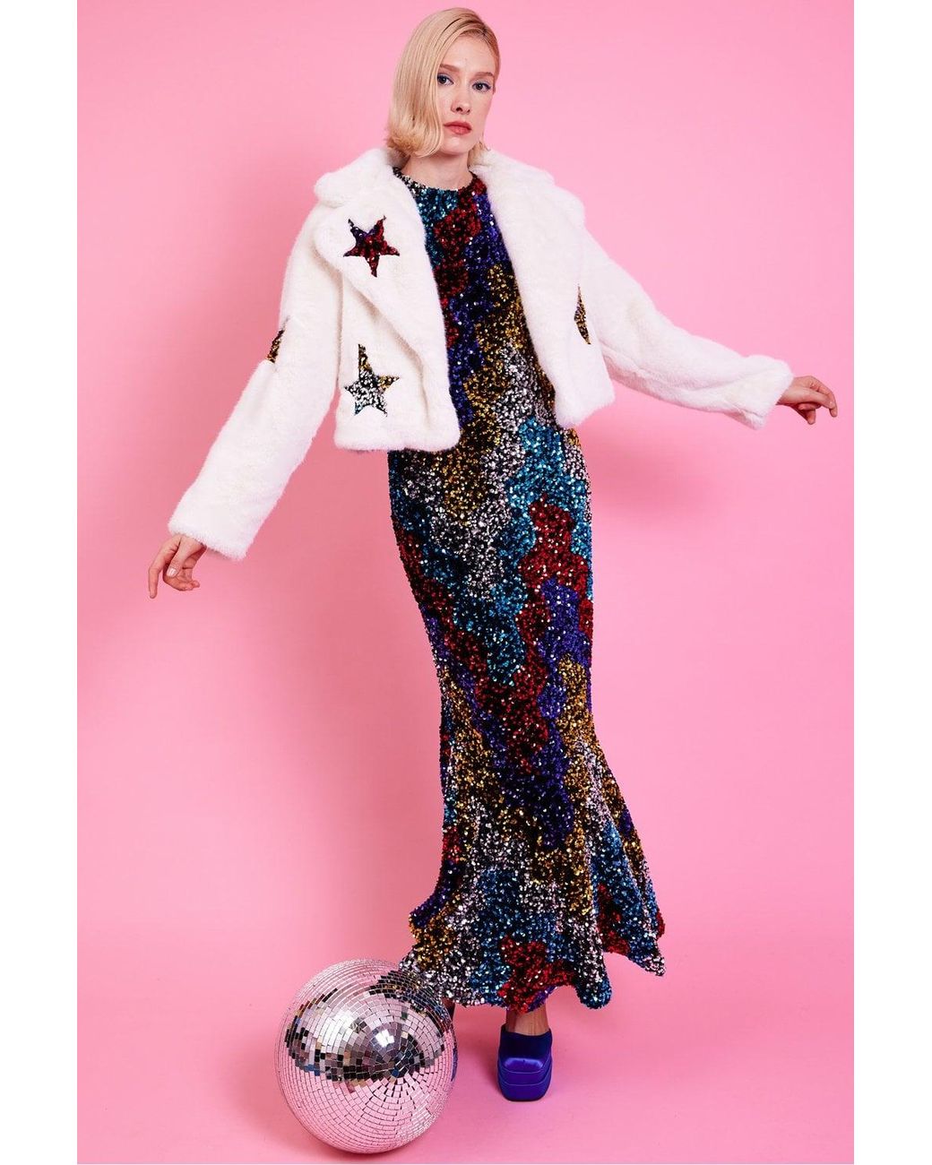 Jayley Pink Bamboo Faux Fur Sequins Star Jacket