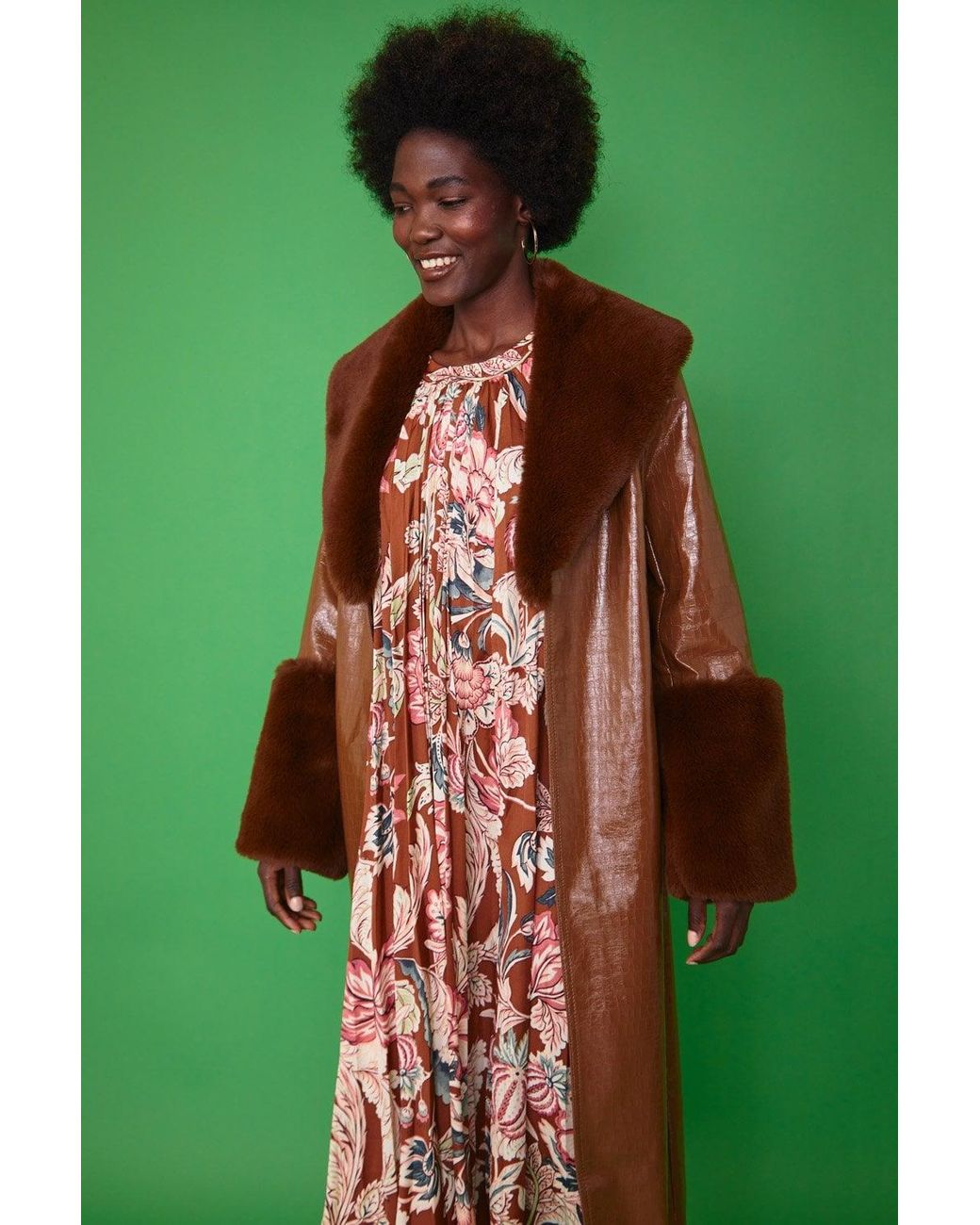Jayley Green Chocolate Faux Leather Jacket With Detachable Faux Fur Cuffs &A