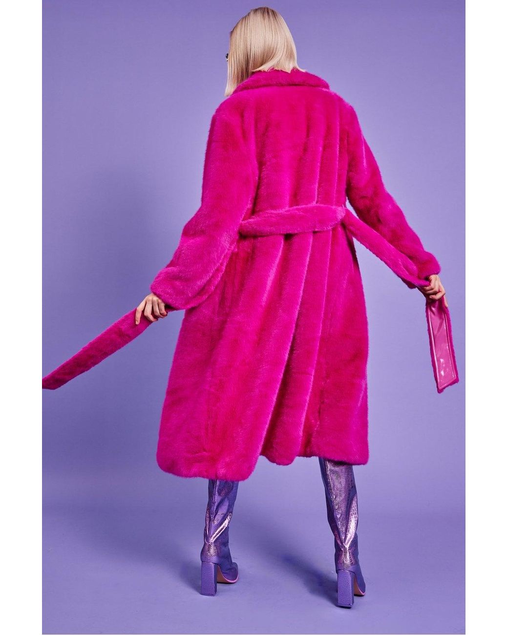 Jayley Pink Faux Fur Maxi Trench Coat With Belt