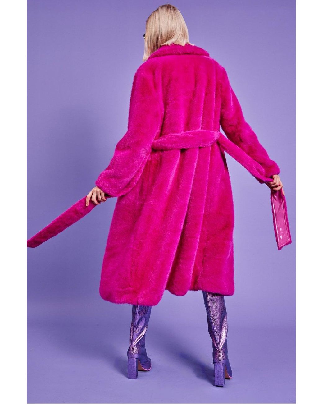 Jayley Pink Faux Fur Maxi Trench Coat With Belt