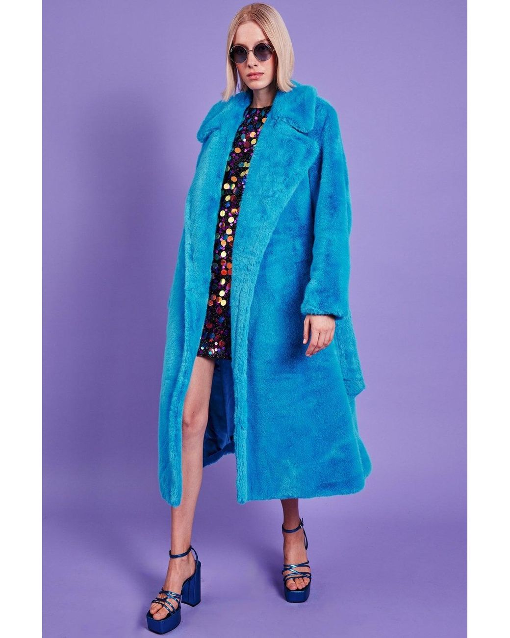 Jayley Blue Faux Fur Maxi Trench Coat With Belt