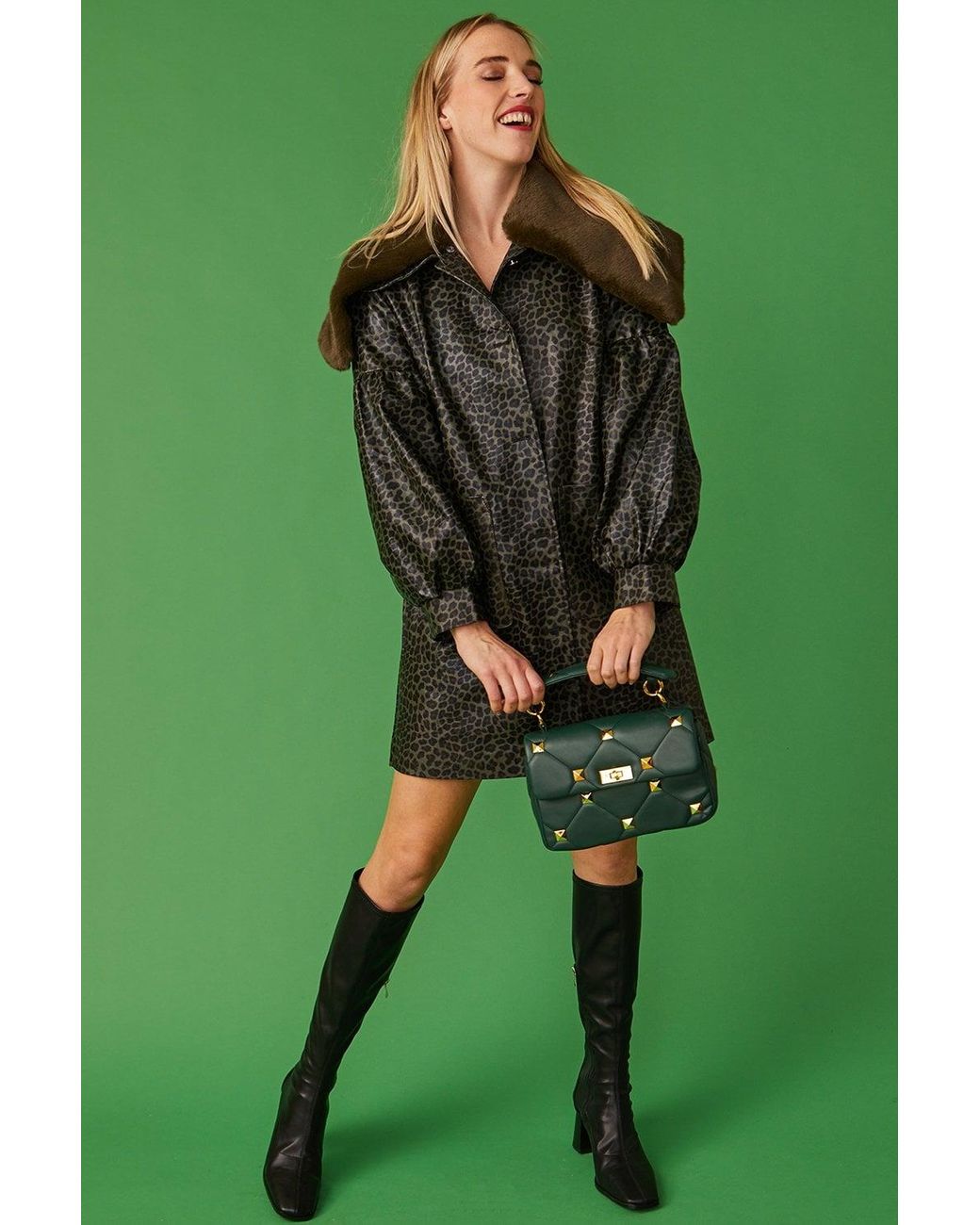 Jayley Green Animal Print Coat With Oversized Faux Fur Collar Size: S