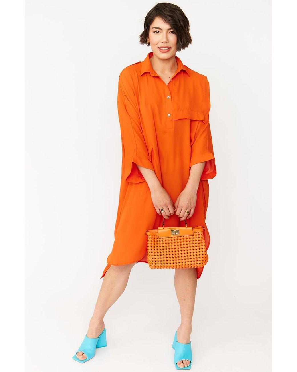 Jayley Orange Silk Blend Shirt Dress