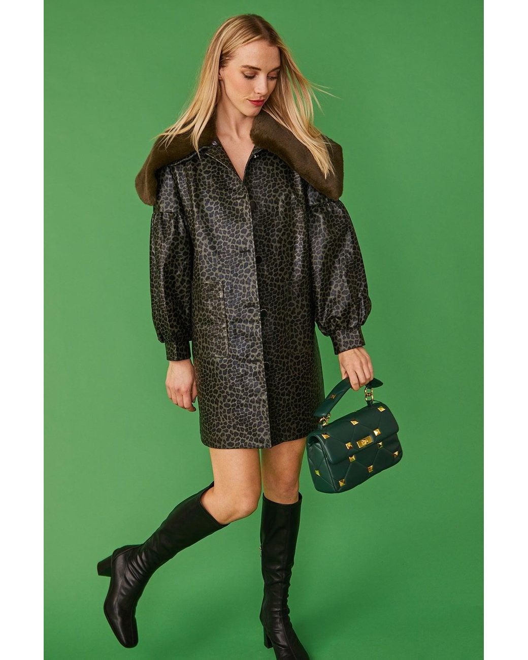 Jayley Green Animal Print Coat With Oversized Faux Fur Collar Size: S