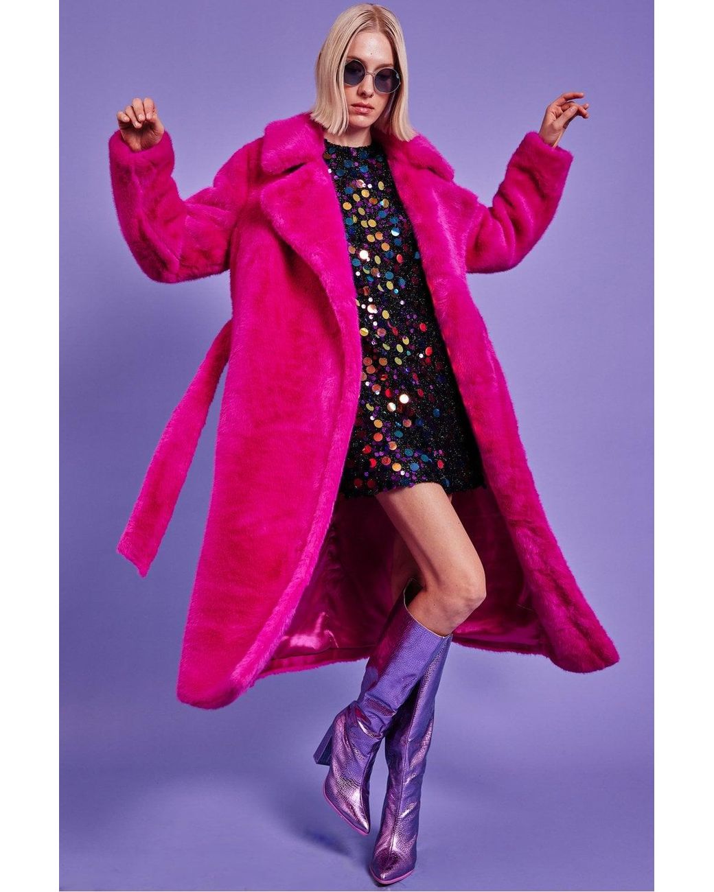 Jayley Pink Faux Fur Maxi Trench Coat With Belt