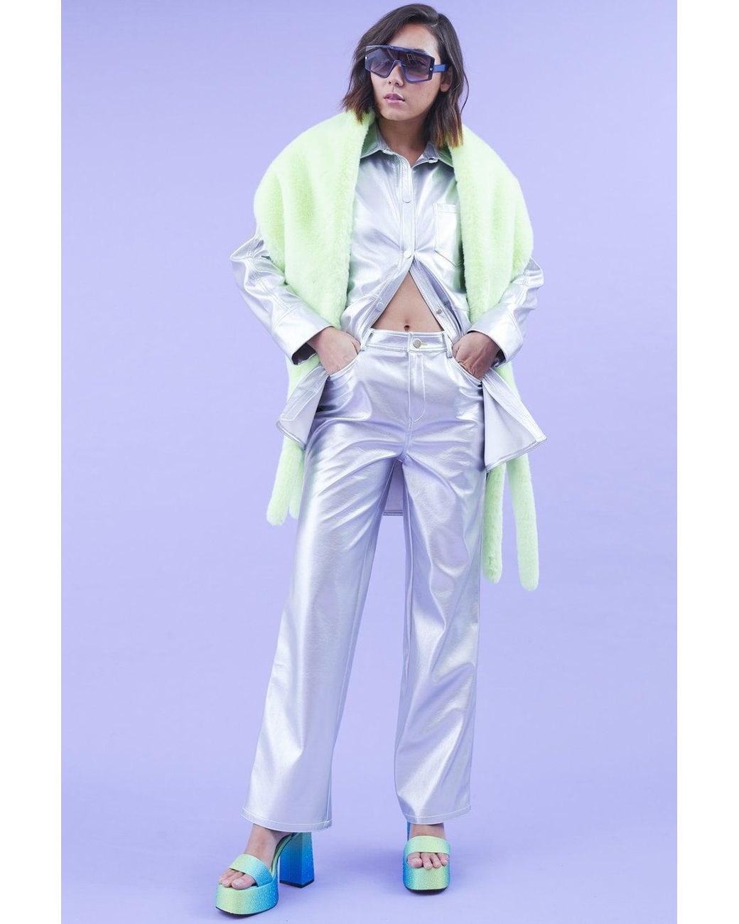 Jayley Blue Eco Leather Metallic Trousers