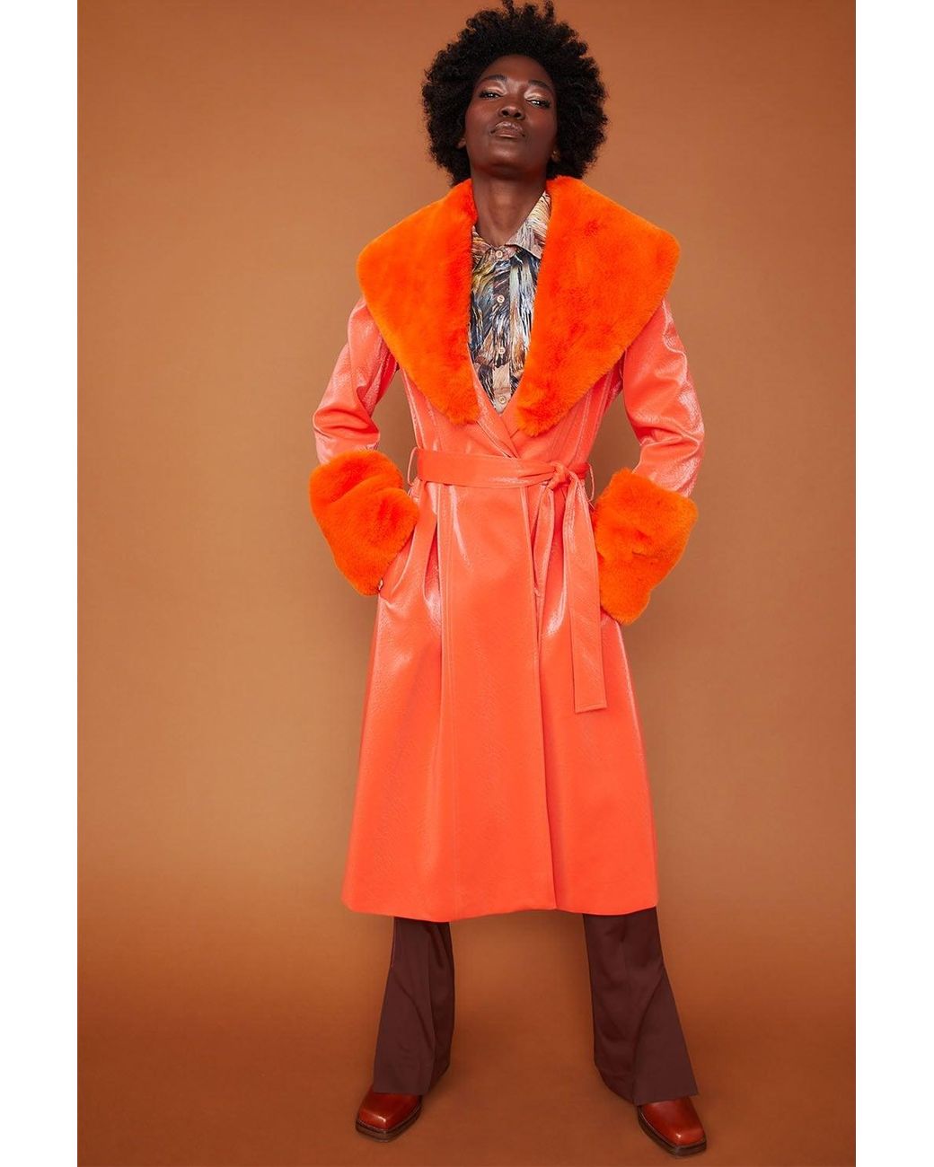 Jayley Orange Trench Style Belted Coat With Faux Fur Cuffs And Collar