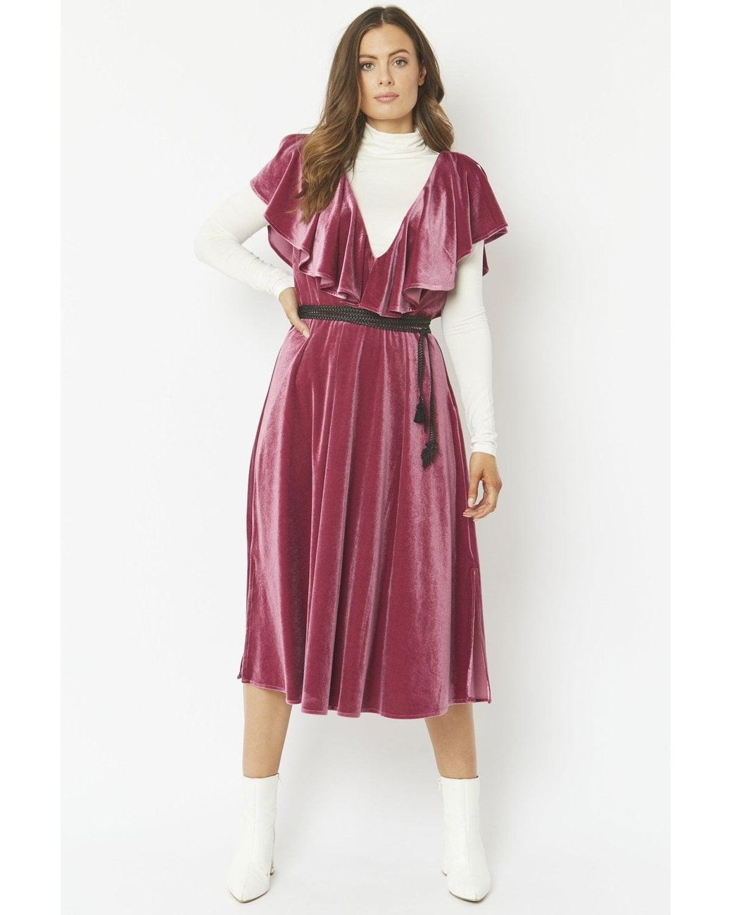 Jayley Red Frill Front Velvet Skater Midi Dress