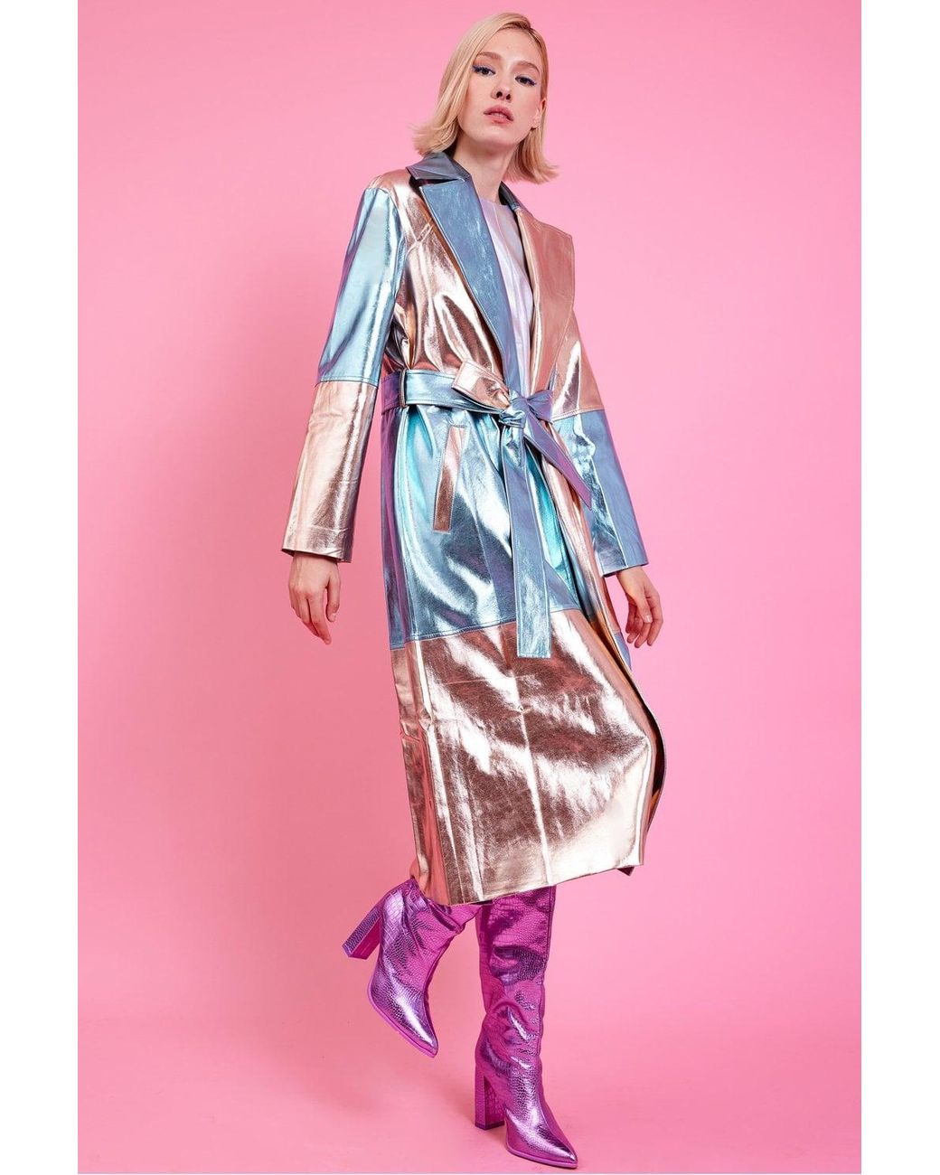 Jayley Pink Metallic Hand Cut Patchwork Trench Coat