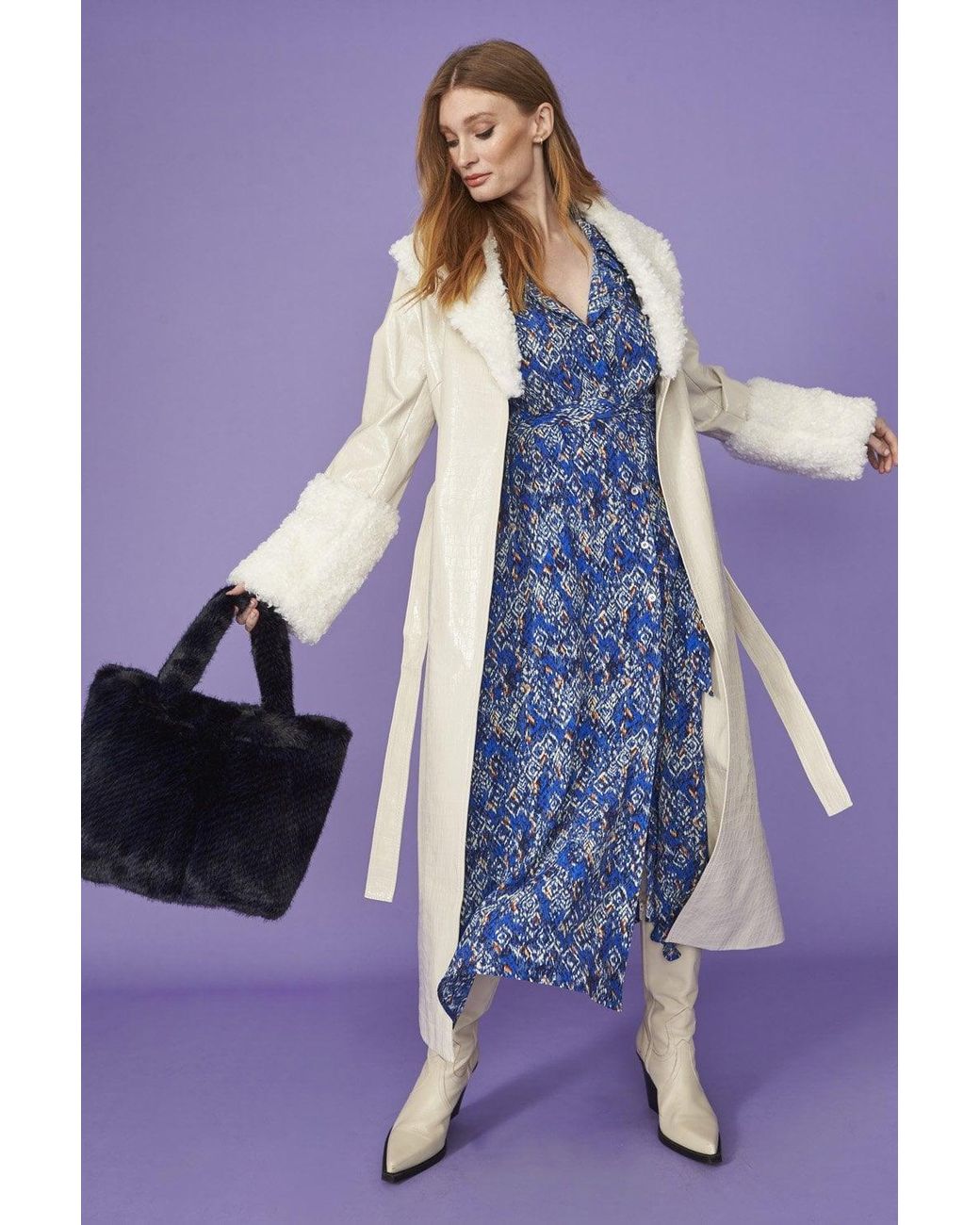 Jayley Purple Faux Suede Coat With Detachable Faux Shearling Cuffs &Amp