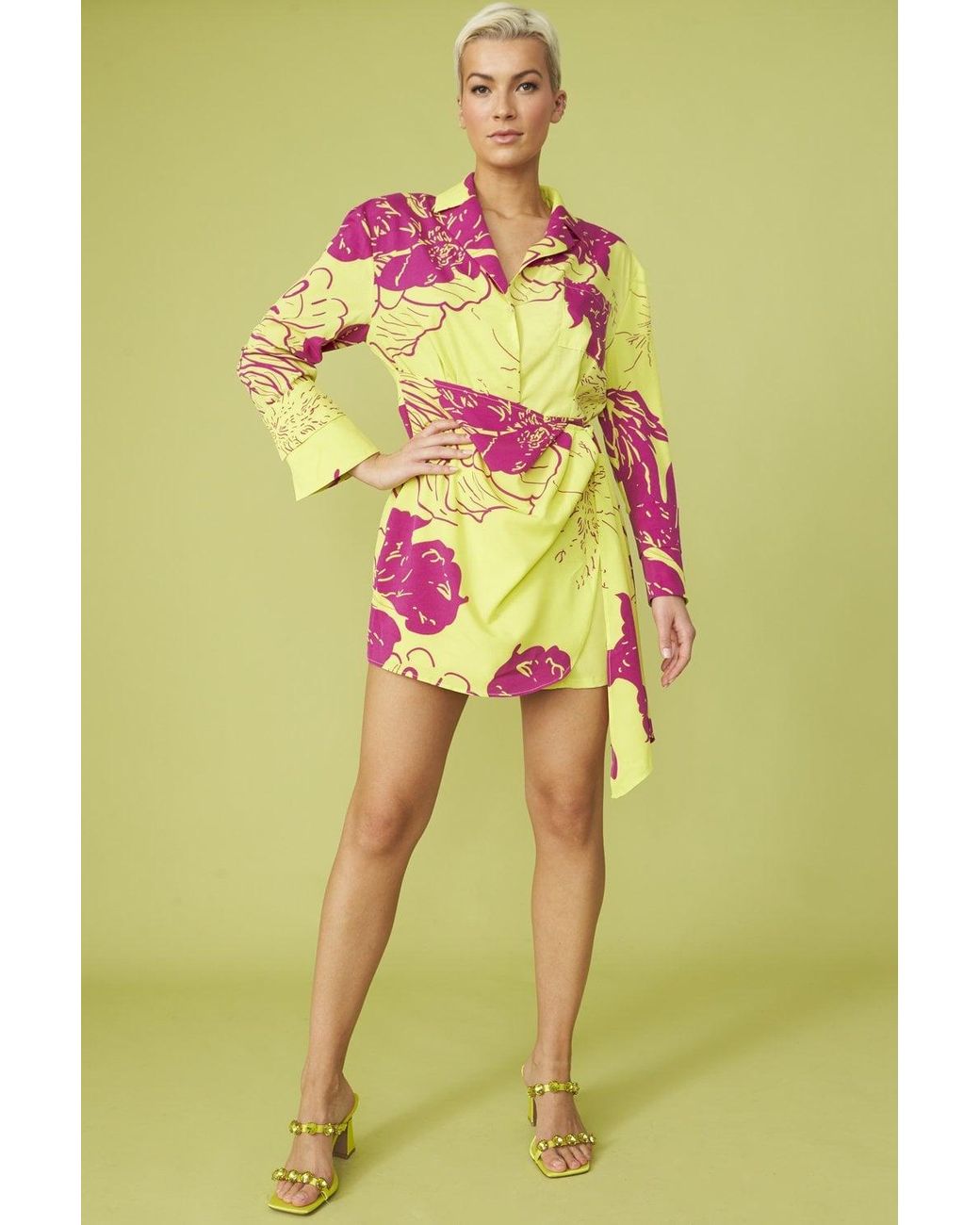 Jayley Yellow Rayon Blend Sienna Floral Mini Shirt Dress