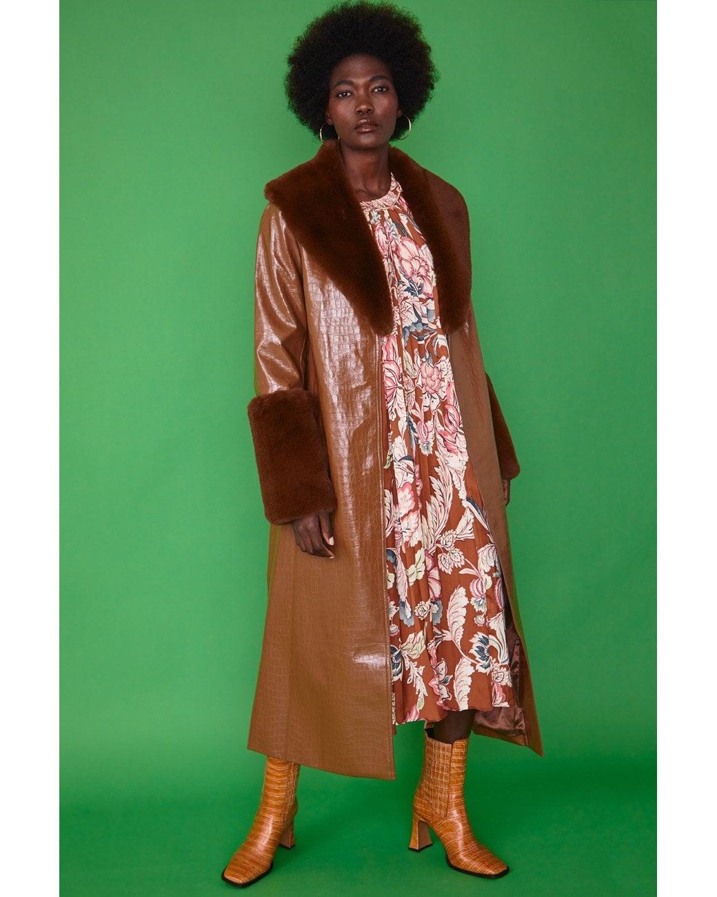 Jayley Green Chocolate Faux Leather Jacket With Detachable Faux Fur Cuffs &A