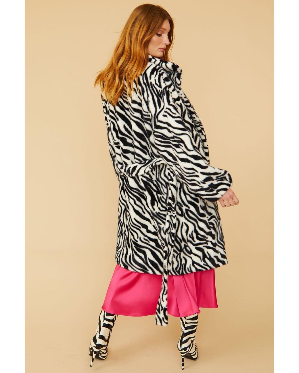 Jayley Red Zebra Print Faux Fur Midi Coat With Belt