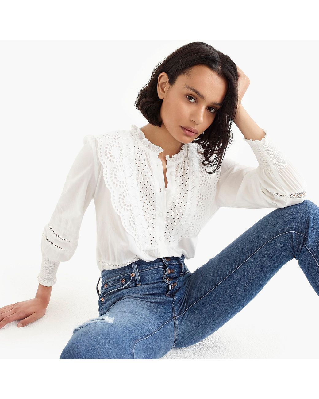 J.Crew Ruffle neck Eyelet Top in White Lyst