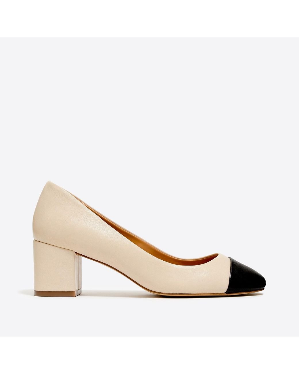 Beige Leather Cap Toe Lower Block Heel Pump